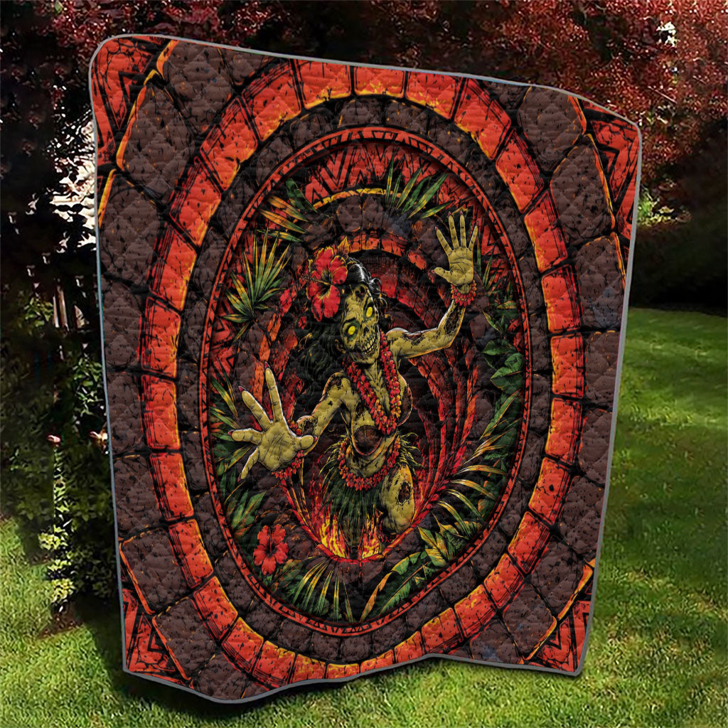 3D Illusion Hula Zombie Halloween Quilt Hawaiian Undead Dancer Volcano Stone Well
