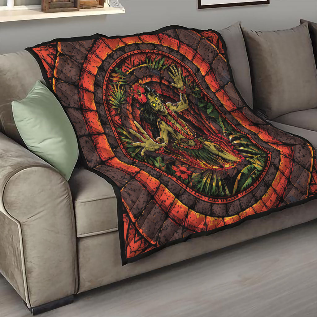 3D Illusion Hula Zombie Halloween Quilt Hawaiian Undead Dancer Volcano Stone Well