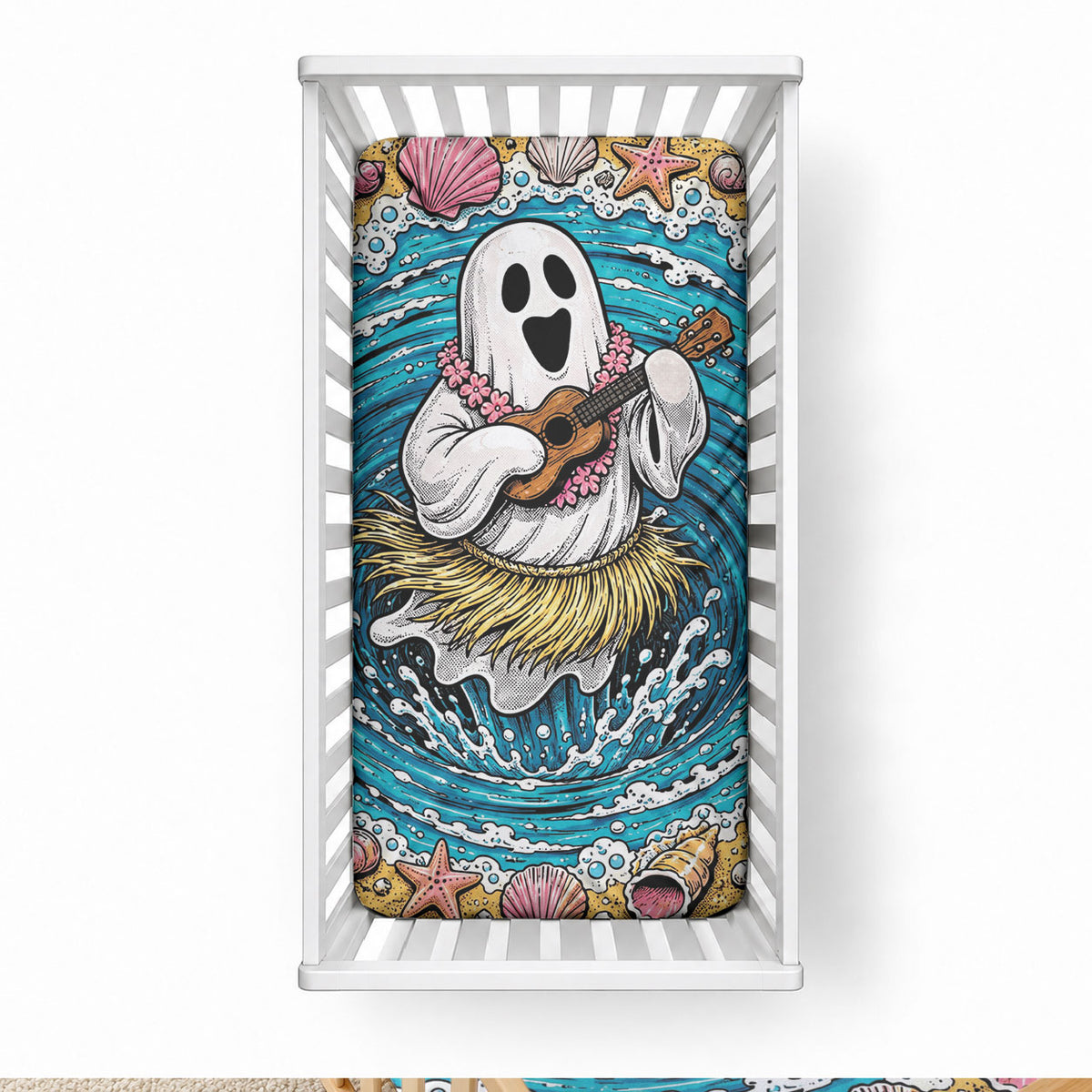 3D Illusion Hula Ghost Halloween Baby Bed Cover Hawaiian Ukulele Spirit Ocean Vortex DT05 28 × 52 in Yellow - Polynesian Pride