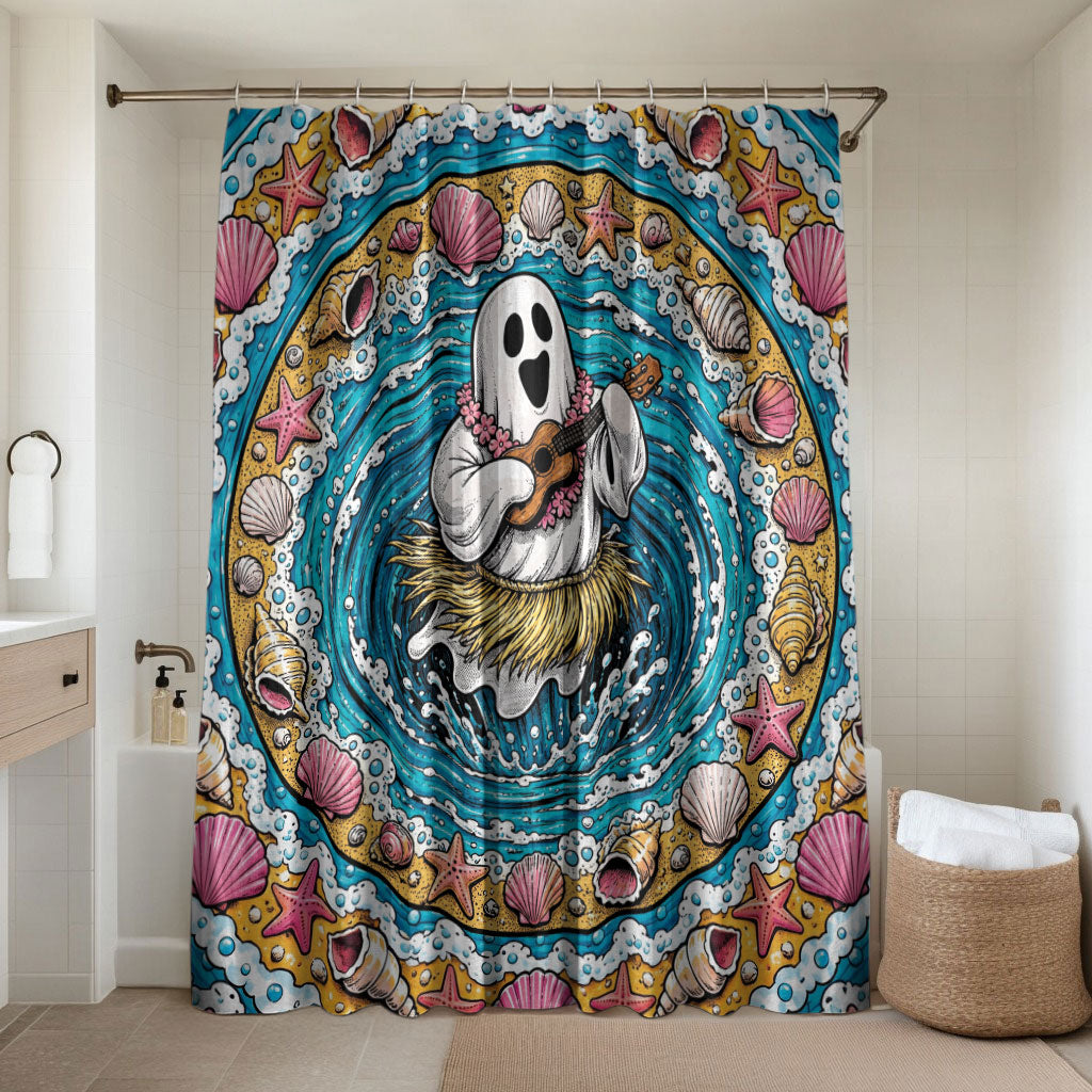 3D Illusion Hula Ghost Halloween Bathroom Set Hawaiian Ukulele Spirit Ocean Vortex DT05 Shower Curtain Only Yellow - Polynesian Pride