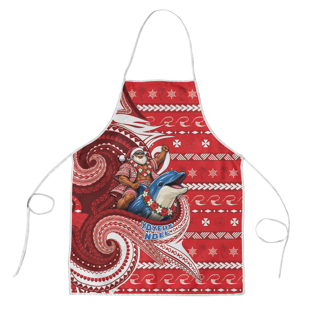 Wallis And Futuna Christmas Apron Santa Riding Ocean Dolphin DT05 Red - Polynesian Pride