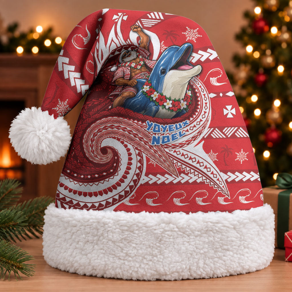 Wallis And Futuna Christmas Santa Hat Santa Riding Ocean Dolphin DT05 With Fur Red - Polynesian Pride