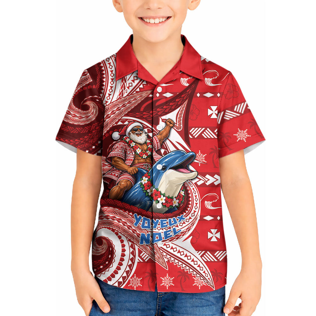 Wallis And Futuna Christmas Kid Hawaiian Shirt Santa Riding Ocean Dolphin DT05 Kid Red - Polynesian Pride