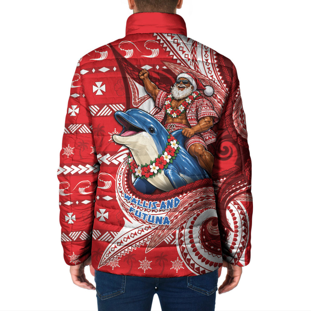 Wallis And Futuna Christmas Padded Jacket Santa Riding Ocean Dolphin DT05 - Polynesian Pride