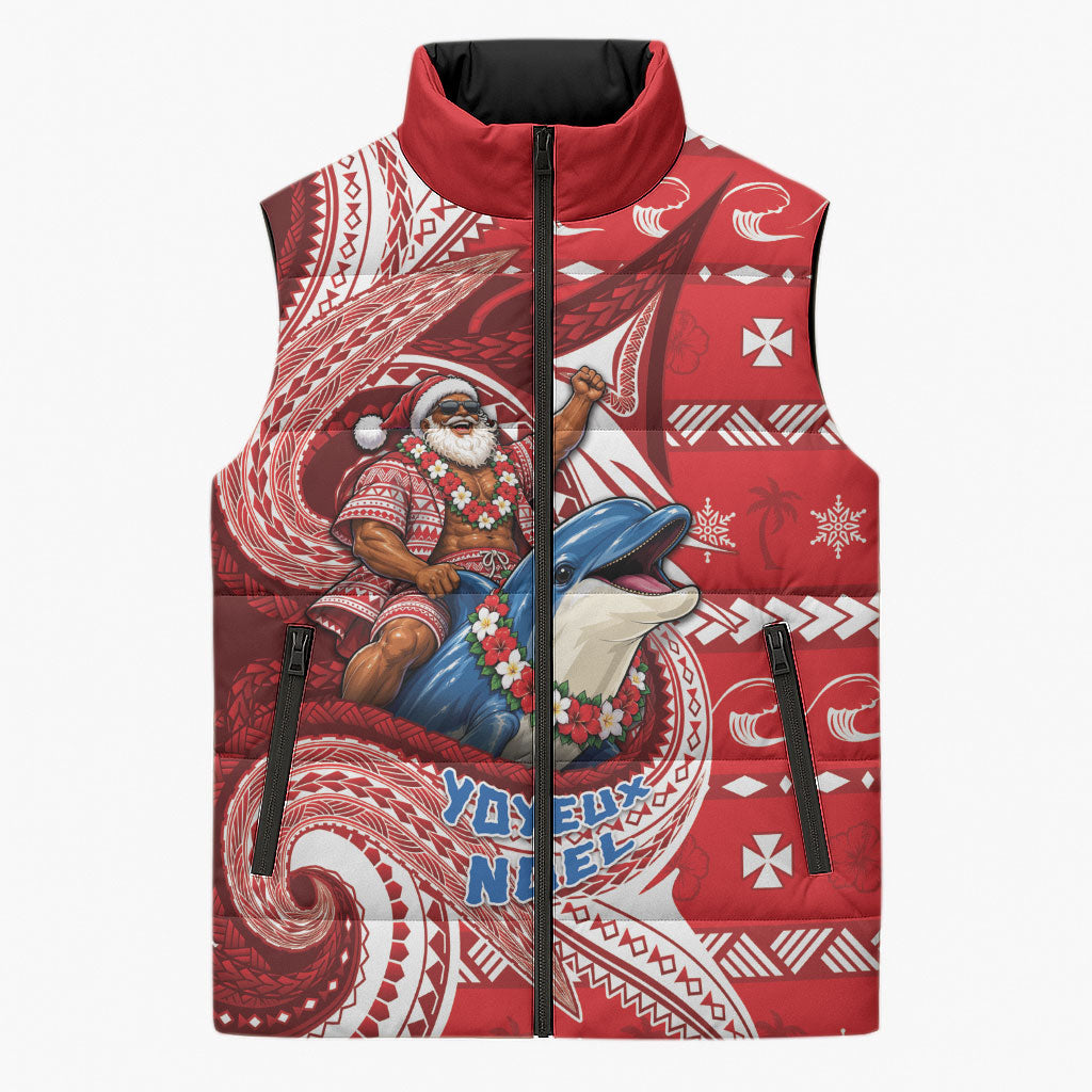 Wallis And Futuna Christmas Sleeveless Puffer Jacket Santa Riding Ocean Dolphin DT05 Unisex Red - Polynesian Pride