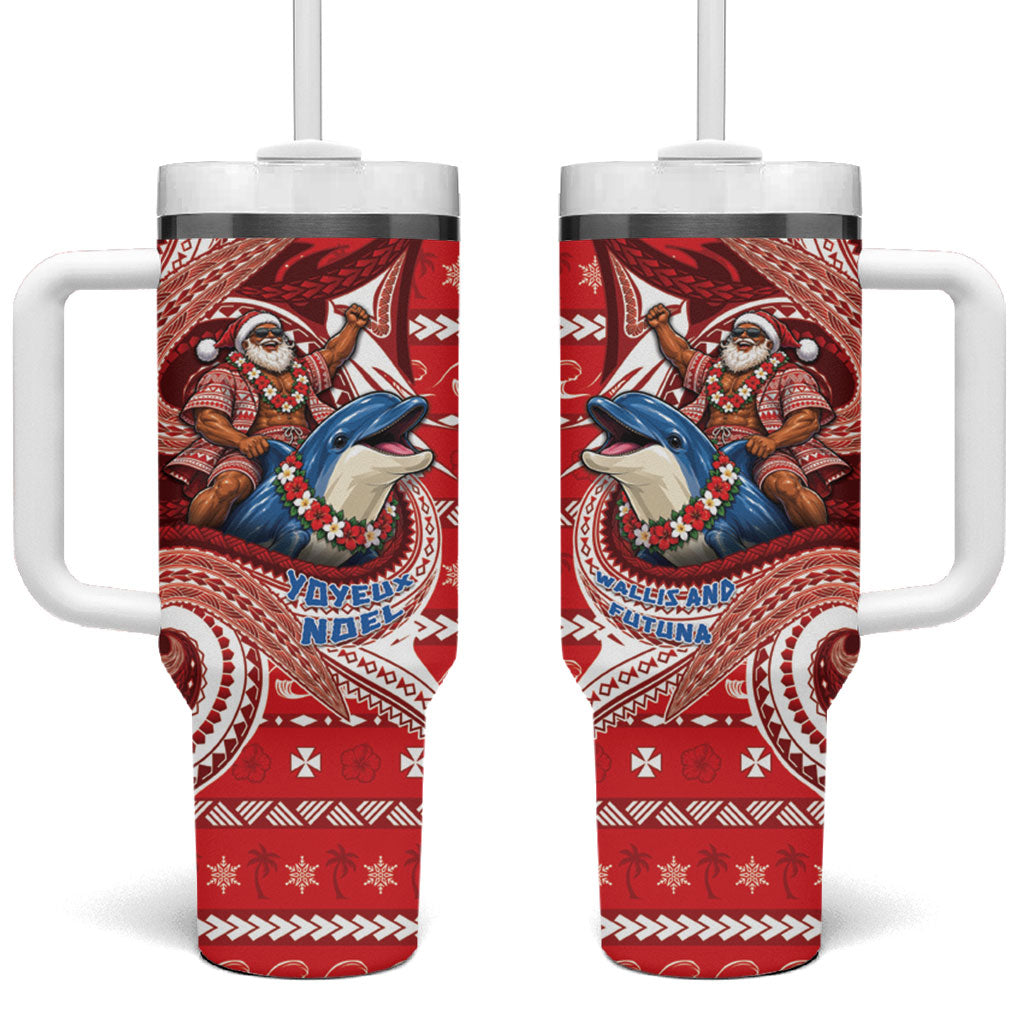 Wallis And Futuna Christmas Tumbler With Handle Santa Riding Ocean Dolphin DT05 One Size: 40 oz Red - Polynesian Pride