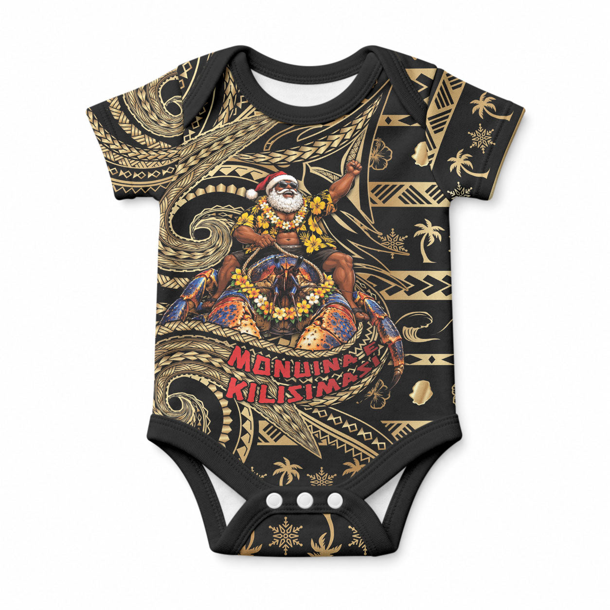 Niue Christmas Baby Onesie Santa Riding Coconut Crab DT05 Gold - Polynesian Pride