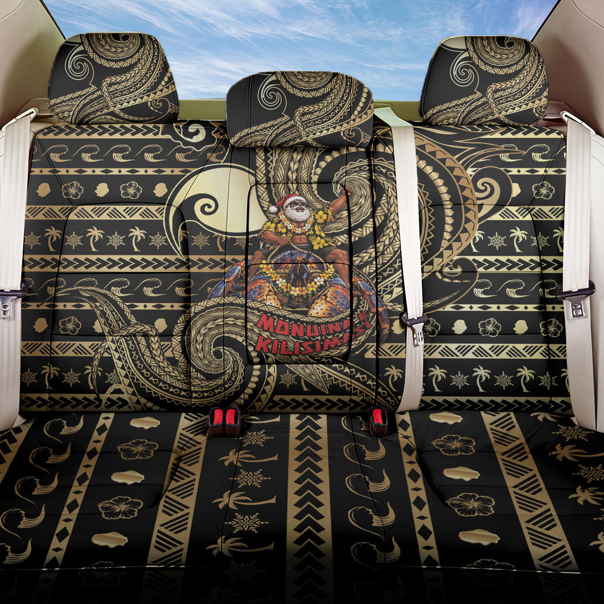 Niue Christmas Back Car Seat Cover Santa Riding Coconut Crab DT05 One Size Gold - Polynesian Pride