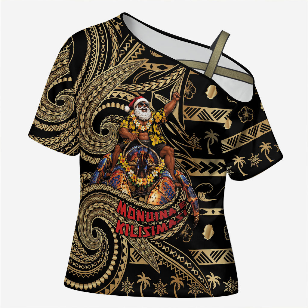 Niue Christmas Cross Shoulder Shirt Santa Riding Coconut Crab DT05 Female Gold - Polynesian Pride