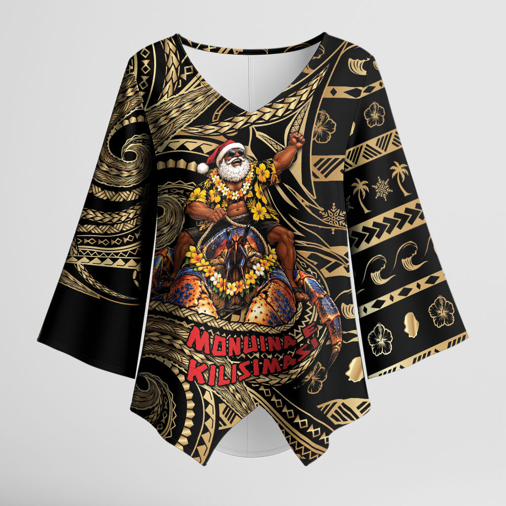 Niue Christmas Kimono Sleeve Blouse Santa Riding Coconut Crab DT05 Female Gold - Polynesian Pride