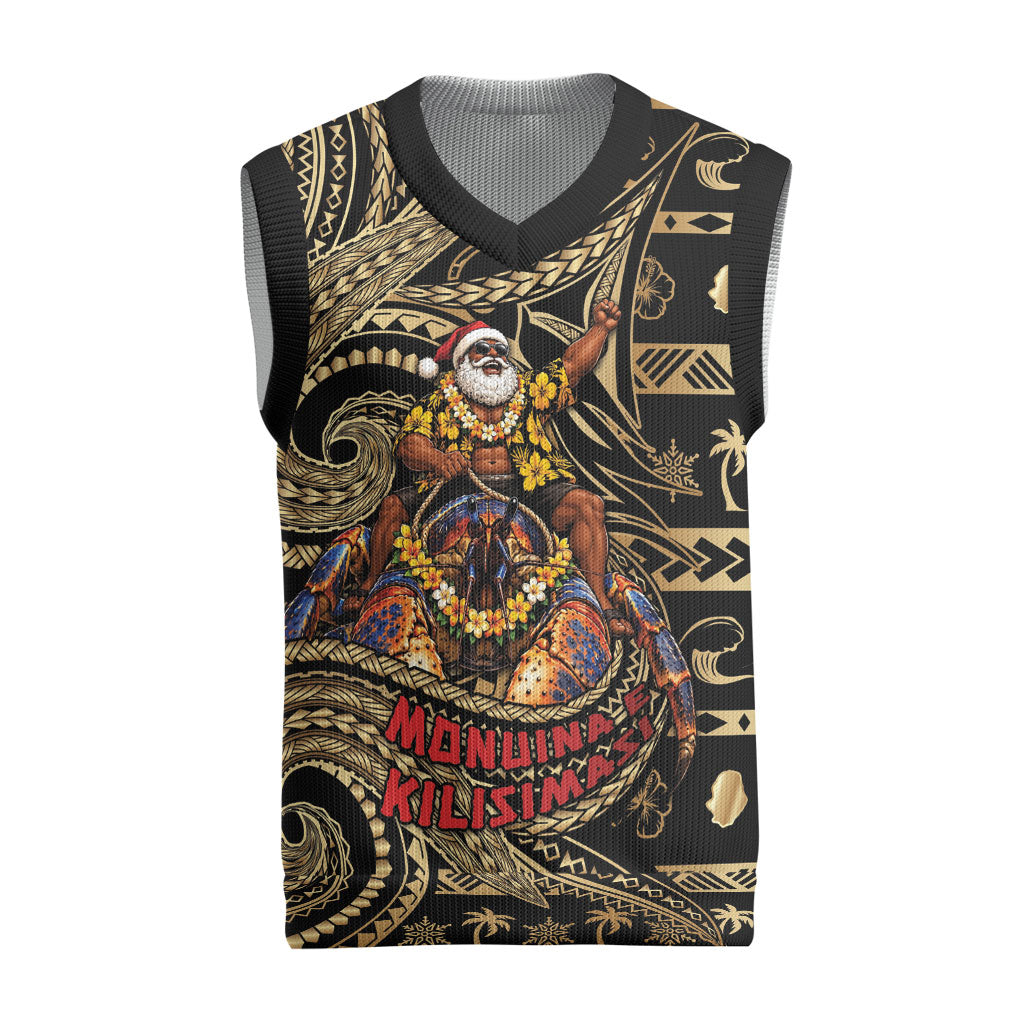 Niue Christmas Knitted V-Neck Vest Santa Riding Coconut Crab DT05 Gold - Polynesian Pride