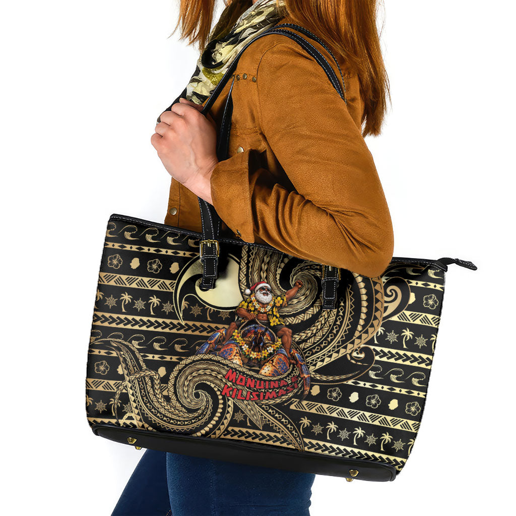 Niue Christmas Leather Tote Bag Santa Riding Coconut Crab DT05 Gold - Polynesian Pride