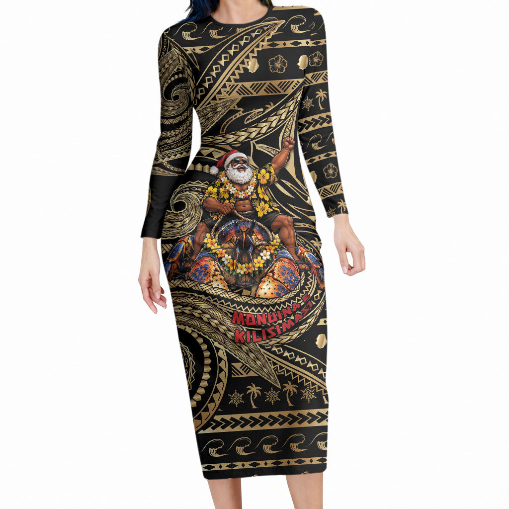 Niue Christmas Long Sleeve Bodycon Dress Santa Riding Coconut Crab DT05 Long Dress Gold - Polynesian Pride