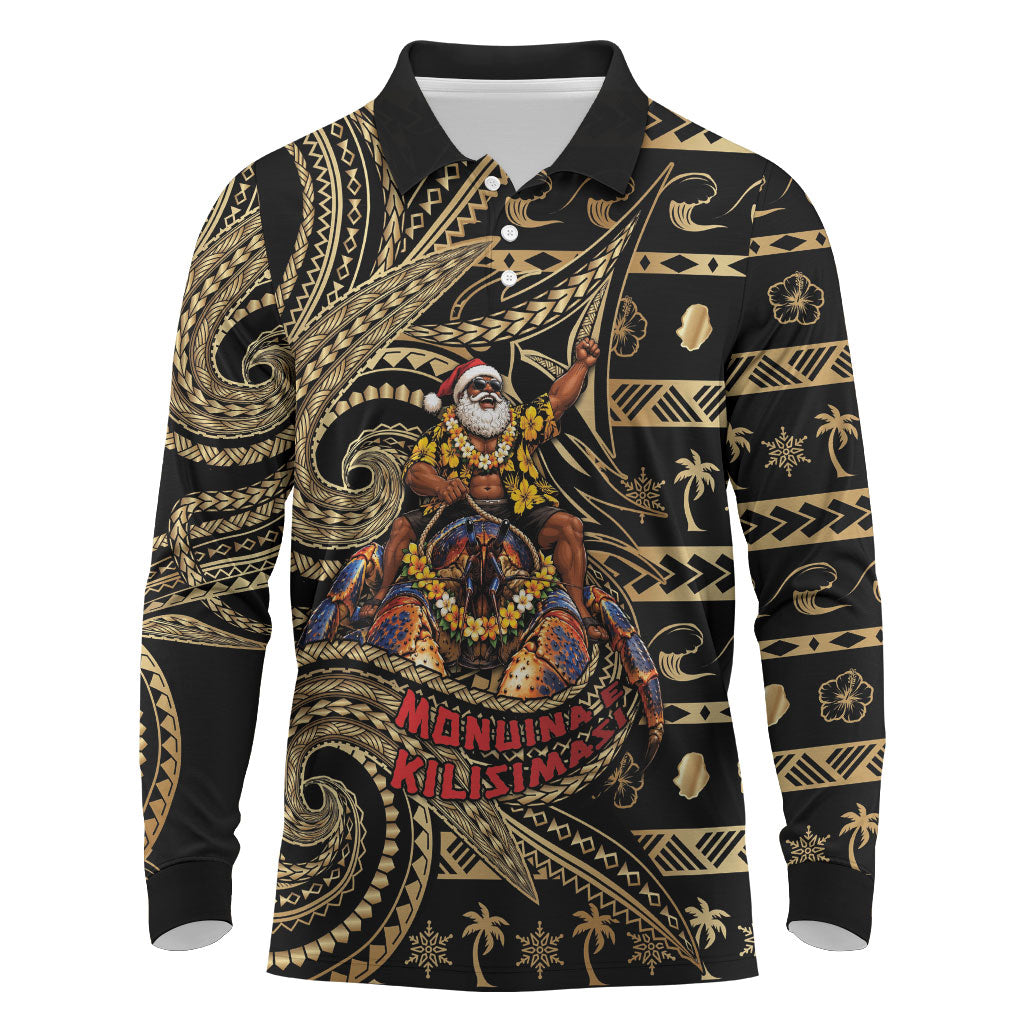Niue Christmas Long Sleeve Polo Shirt Santa Riding Coconut Crab DT05 Gold - Polynesian Pride