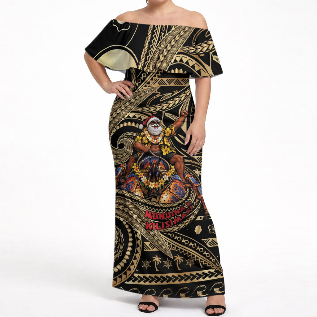 Niue Christmas Off Shoulder Maxi Dress Santa Riding Coconut Crab DT05 Women Gold - Polynesian Pride