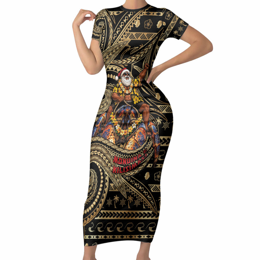 Niue Christmas Short Sleeve Bodycon Dress Santa Riding Coconut Crab DT05 Long Dress Gold - Polynesian Pride