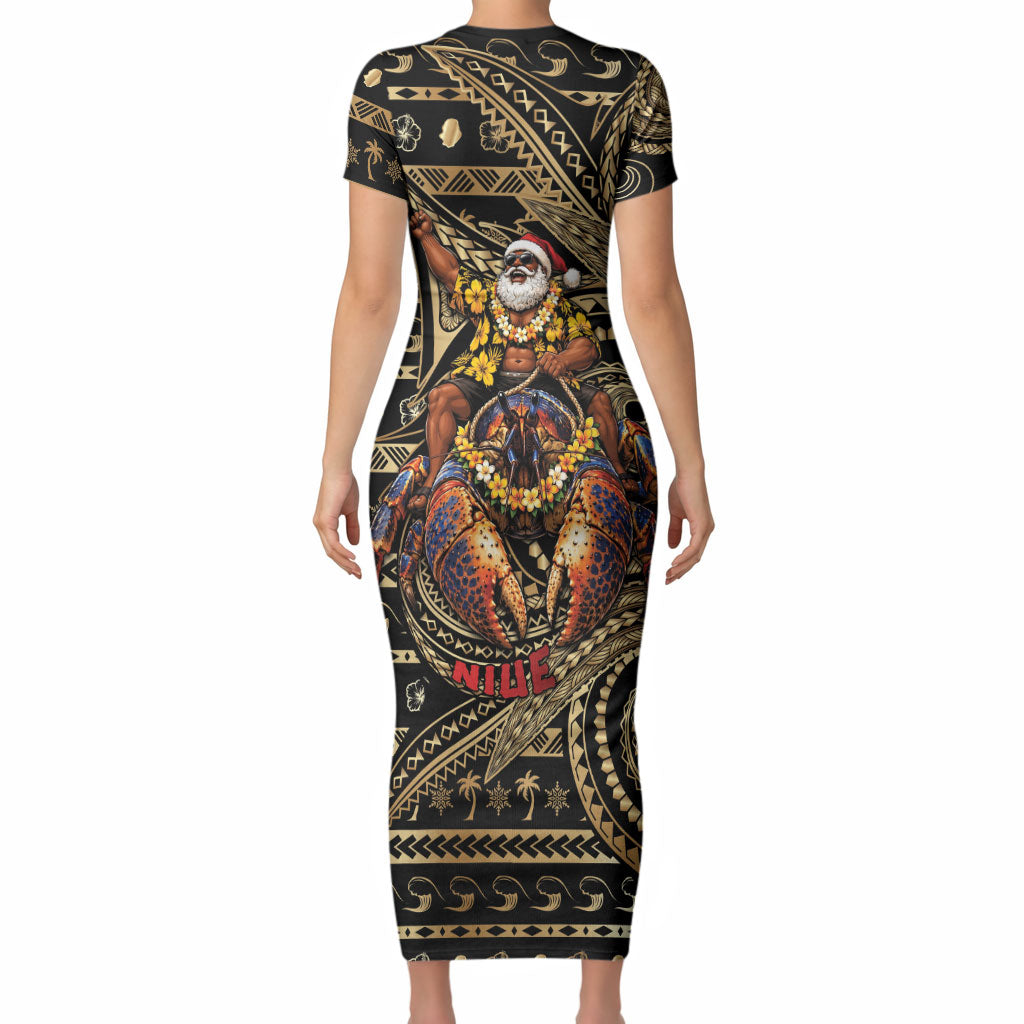 Niue Christmas Short Sleeve Bodycon Dress Santa Riding Coconut Crab DT05 - Polynesian Pride