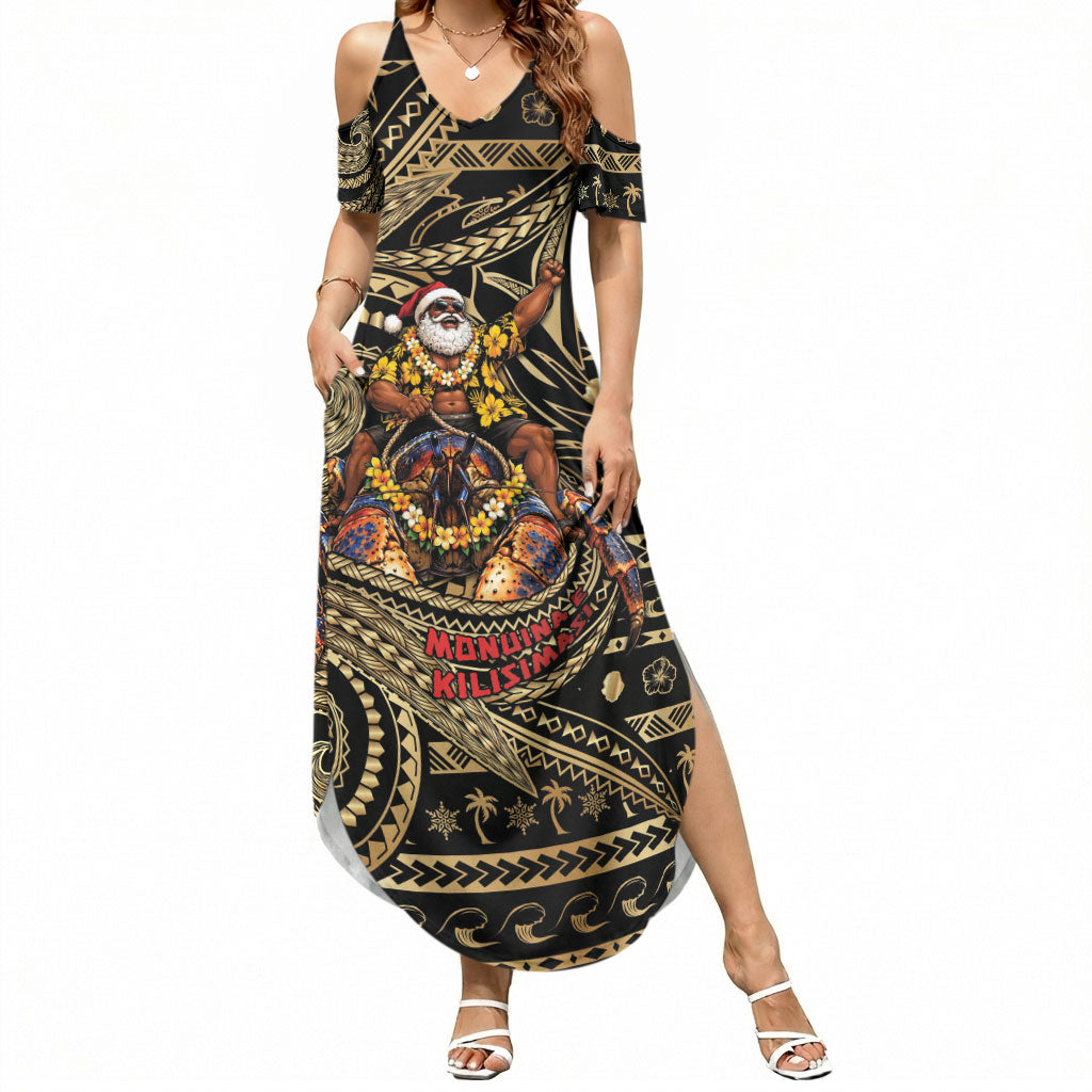Niue Christmas Summer Maxi Dress Santa Riding Coconut Crab DT05 Women Gold - Polynesian Pride