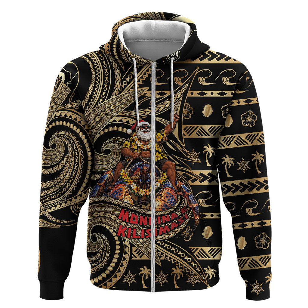 Niue Christmas Zip Hoodie Santa Riding Coconut Crab DT05 Zip Hoodie Gold - Polynesian Pride