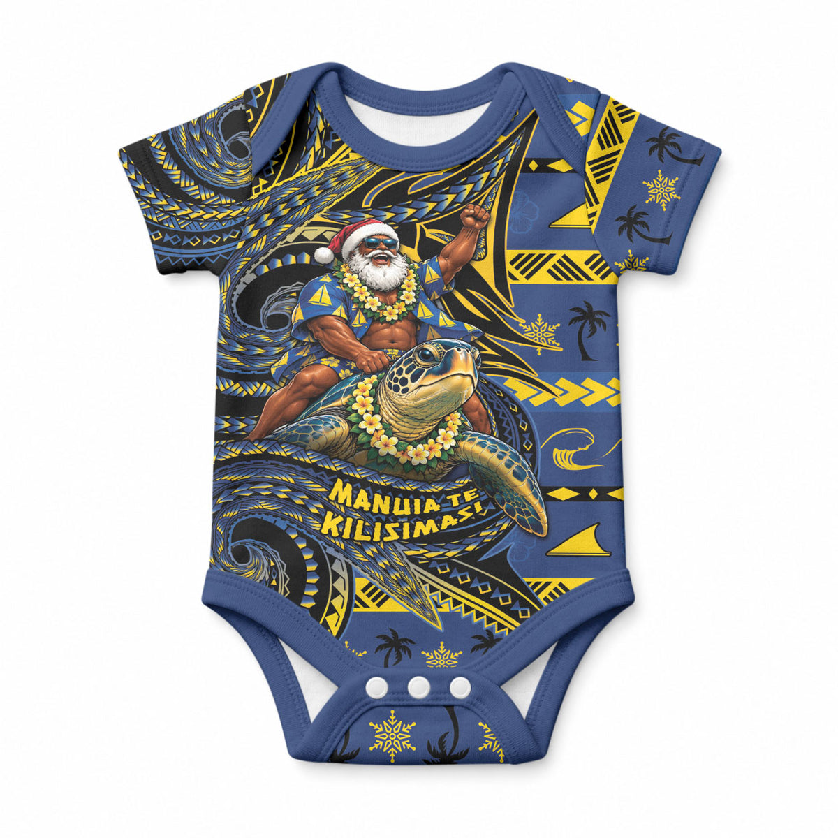 Tokelau Christmas Baby Onesie Santa Riding Sea Turtle DT05 Navy - Polynesian Pride