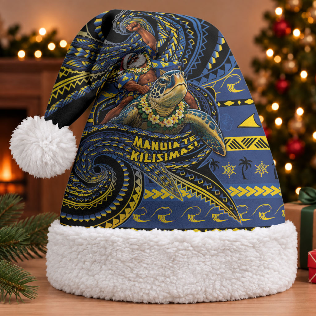 Tokelau Christmas Santa Hat Santa Riding Sea Turtle DT05 With Fur Navy - Polynesian Pride