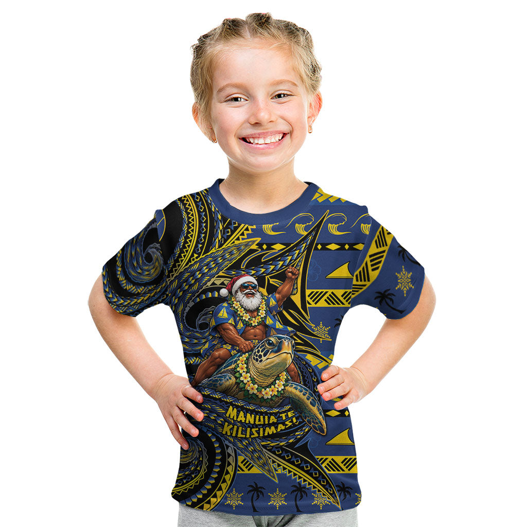 Tokelau Christmas Kid T Shirt Santa Riding Sea Turtle DT05 Navy - Polynesian Pride