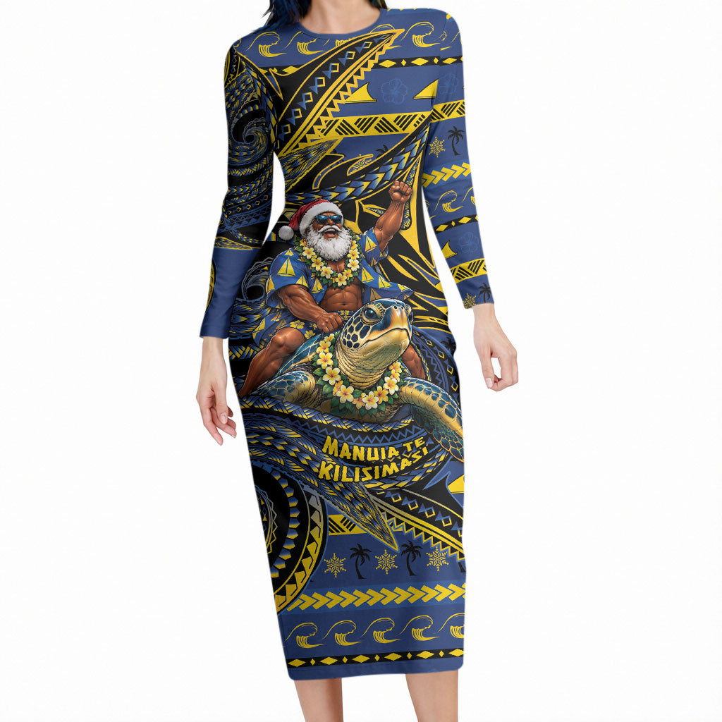 Tokelau Christmas Long Sleeve Bodycon Dress Santa Riding Sea Turtle DT05 Long Dress Navy - Polynesian Pride