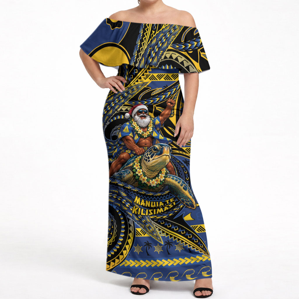 Tokelau Christmas Off Shoulder Maxi Dress Santa Riding Sea Turtle DT05 Women Navy - Polynesian Pride