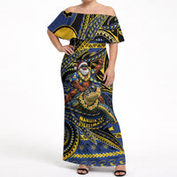 Tokelau Christmas Off Shoulder Maxi Dress Santa Riding Sea Turtle DT05 Women Navy - Polynesian Pride