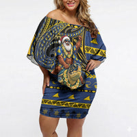Tokelau Christmas Off Shoulder Short Dress Santa Riding Sea Turtle DT05 Women Navy - Polynesian Pride