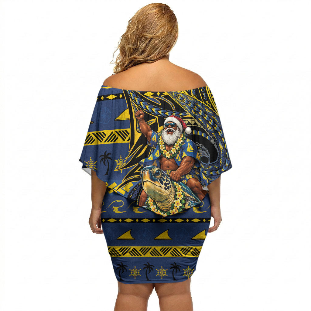 Tokelau Christmas Off Shoulder Short Dress Santa Riding Sea Turtle DT05 - Polynesian Pride