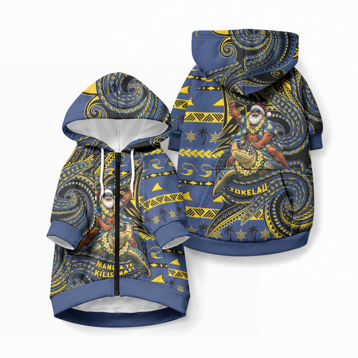Tokelau Christmas Pet Hoodie Santa Riding Sea Turtle DT05 Zip-up Navy - Polynesian Pride