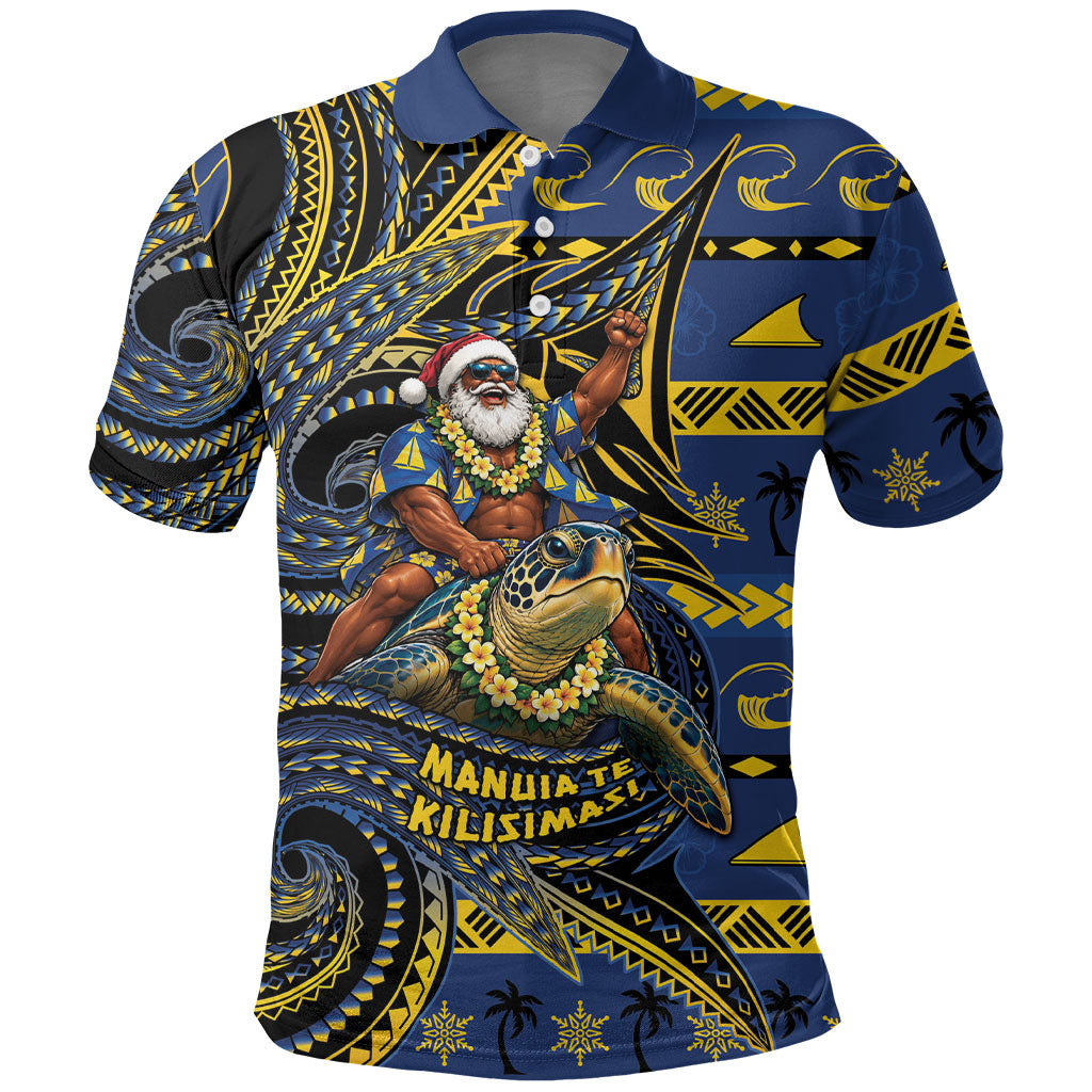 Tokelau Christmas Polo Shirt Santa Riding Sea Turtle DT05 Navy - Polynesian Pride