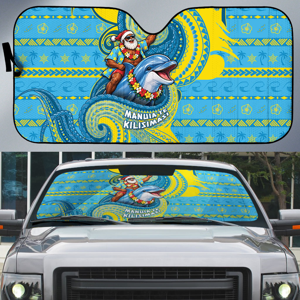 Tuvalu Christmas Auto Sun Shade Santa Riding Ocean Dolphin DT05 Blue - Polynesian Pride