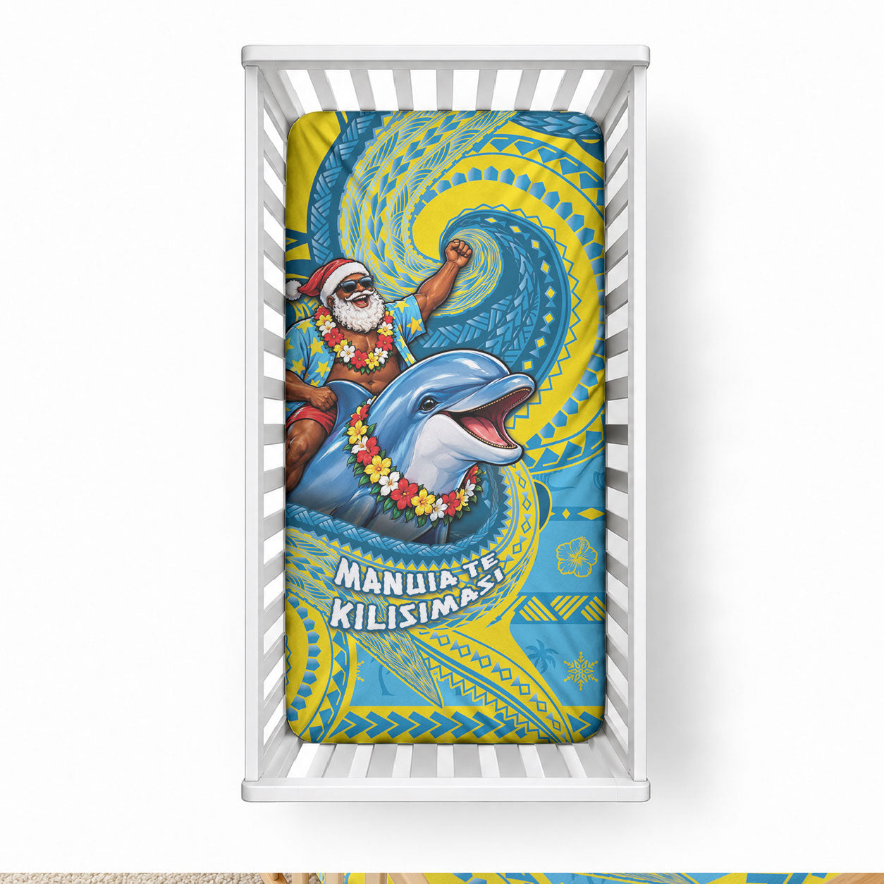 Tuvalu Christmas Baby Bed Cover Santa Riding Ocean Dolphin