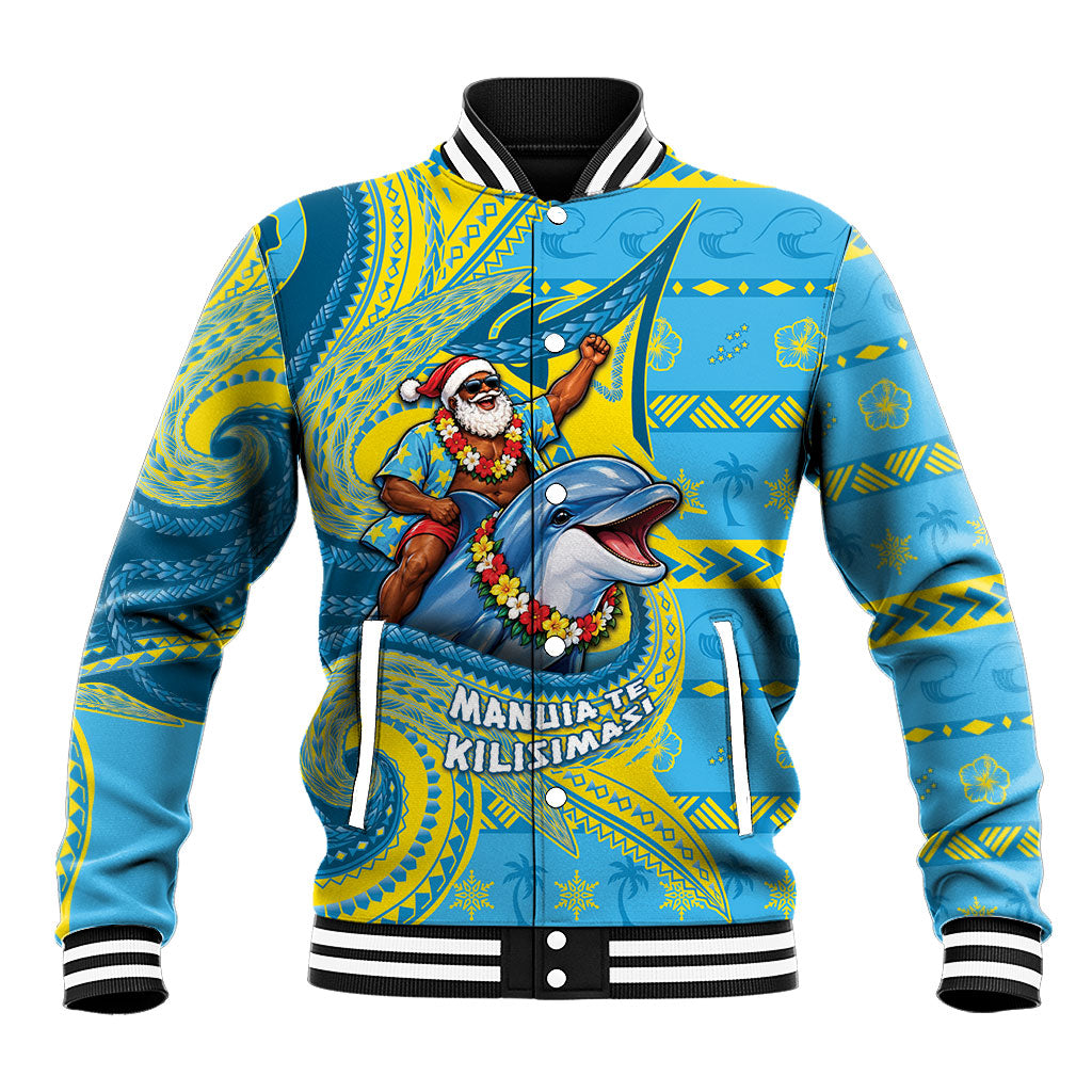 Tuvalu Christmas Baseball Jacket Santa Riding Ocean Dolphin DT05 Unisex Blue - Polynesian Pride