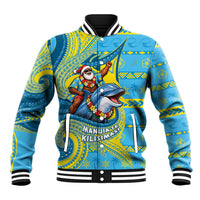 Tuvalu Christmas Baseball Jacket Santa Riding Ocean Dolphin DT05 Unisex Blue - Polynesian Pride