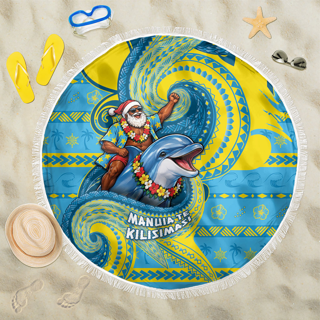 Tuvalu Christmas Beach Blanket Santa Riding Ocean Dolphin DT05 One Size 150cm Blue - Polynesian Pride