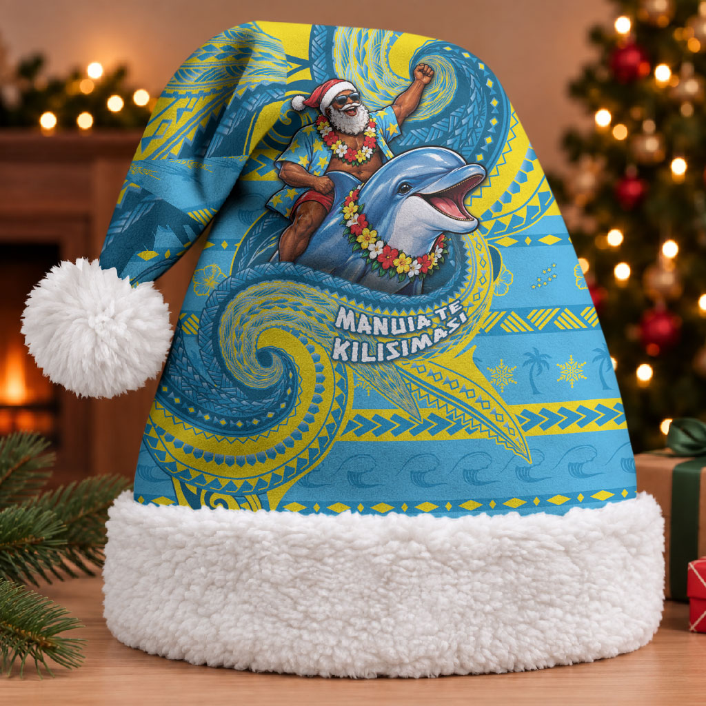 Tuvalu Christmas Santa Hat Santa Riding Ocean Dolphin DT05 With Fur Blue - Polynesian Pride