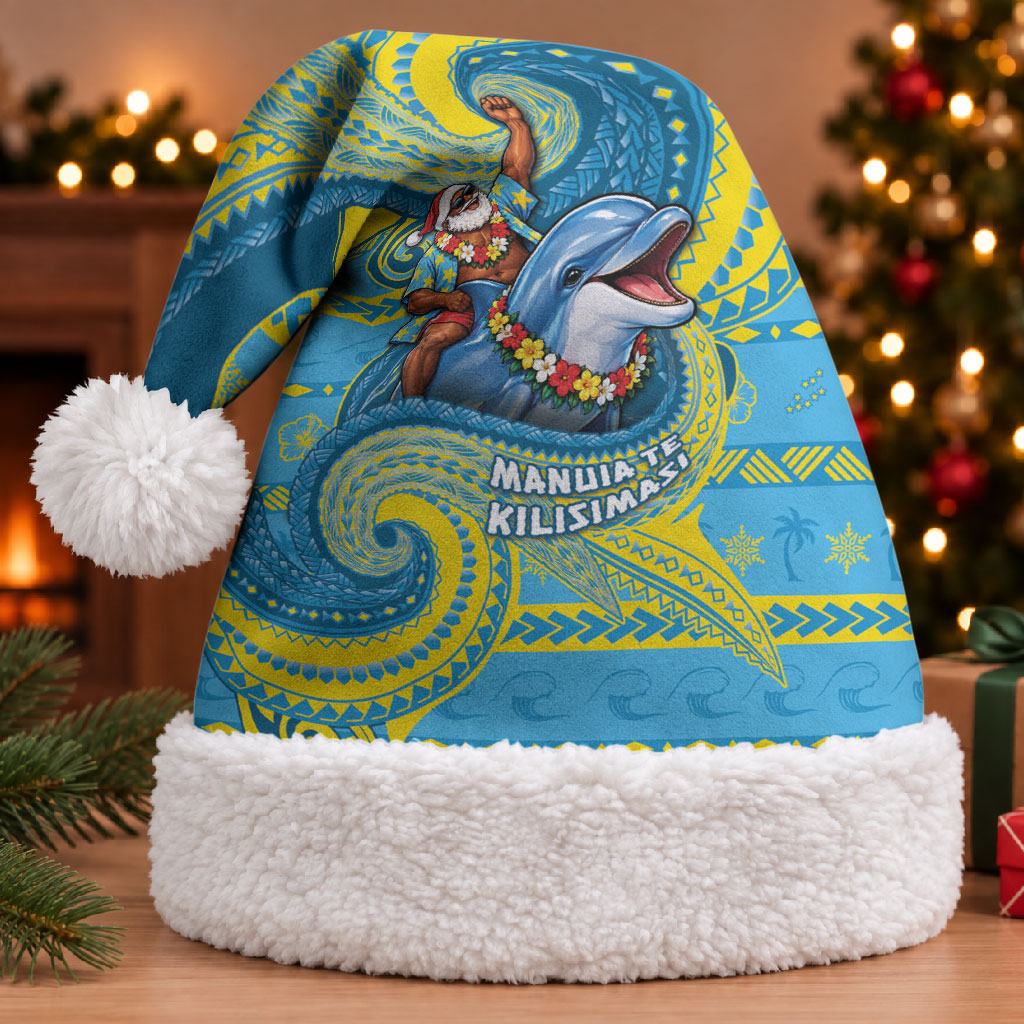 Tuvalu Christmas Santa Hat Santa Riding Ocean Dolphin DT05 With Fur Blue - Polynesian Pride