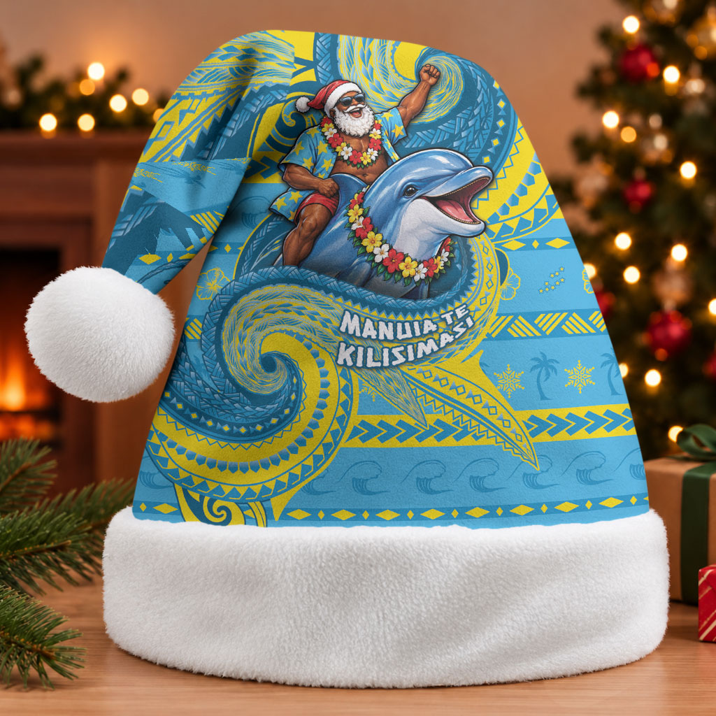 Tuvalu Christmas Santa Hat Santa Riding Ocean Dolphin DT05 Without Fur Blue - Polynesian Pride