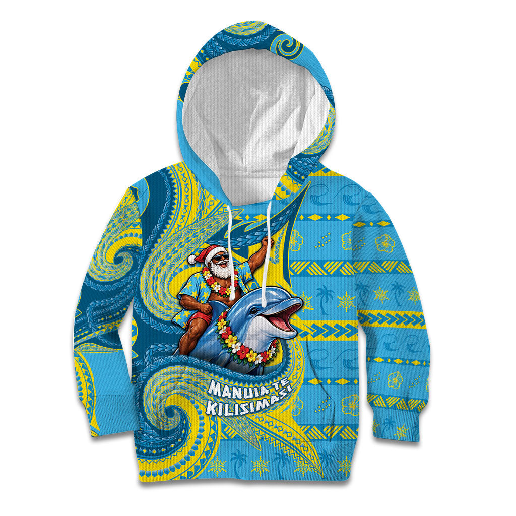 Tuvalu Christmas Kid Hoodie Santa Riding Ocean Dolphin DT05 Hoodie Blue - Polynesian Pride