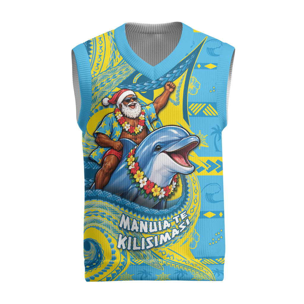 Tuvalu Christmas Knitted V-Neck Vest Santa Riding Ocean Dolphin DT05 Blue - Polynesian Pride