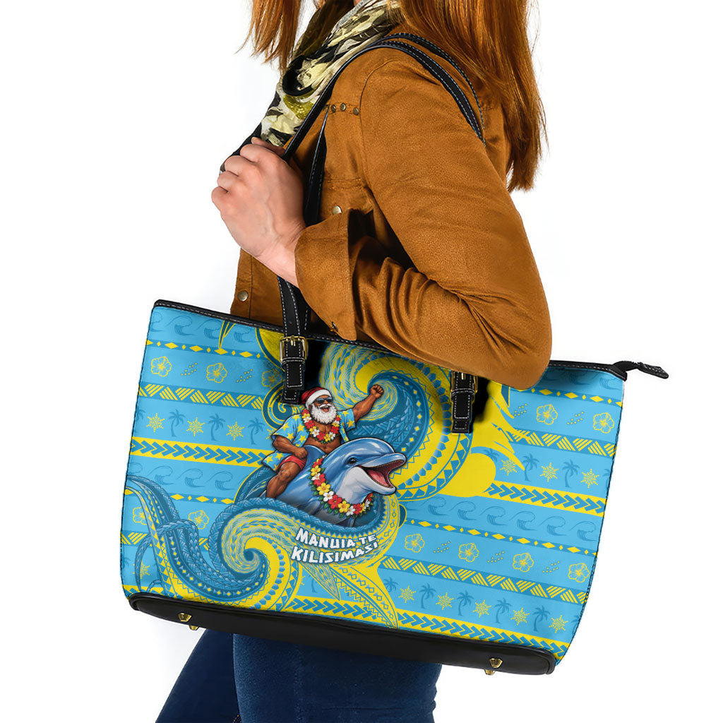 Tuvalu Christmas Leather Tote Bag Santa Riding Ocean Dolphin DT05 Blue - Polynesian Pride