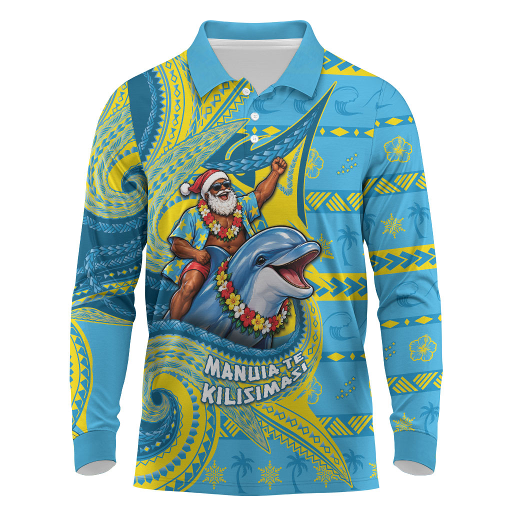 Tuvalu Christmas Long Sleeve Polo Shirt Santa Riding Ocean Dolphin DT05 Blue - Polynesian Pride
