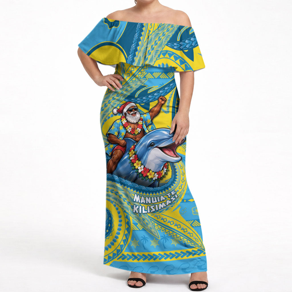 Tuvalu Christmas Off Shoulder Maxi Dress Santa Riding Ocean Dolphin DT05 Women Blue - Polynesian Pride