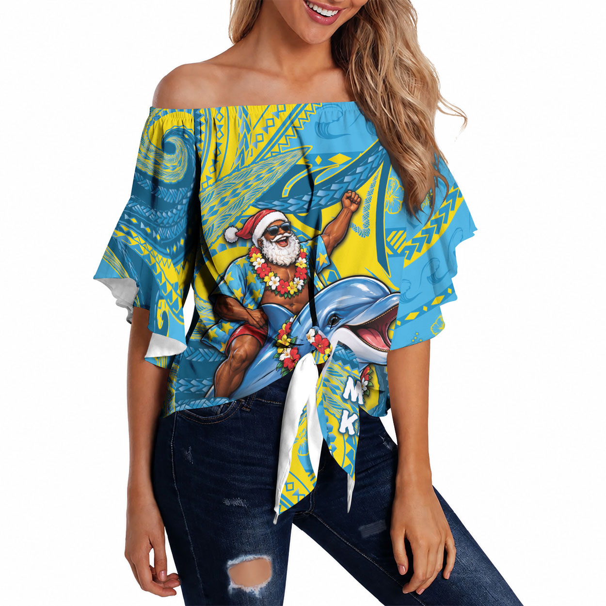 Tuvalu Christmas Off Shoulder Wrap Waist Top Santa Riding Ocean Dolphin DT05 Blue - Polynesian Pride