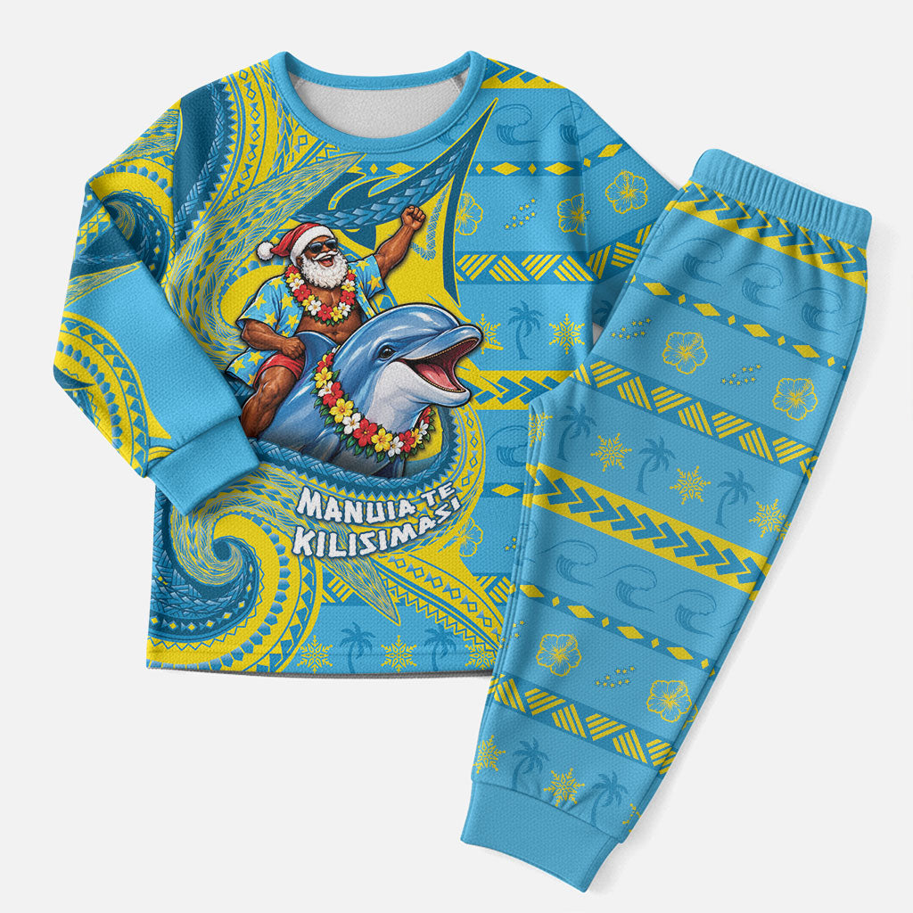Tuvalu Christmas Pajama Set Santa Riding Ocean Dolphin DT05 Men Blue - Polynesian Pride