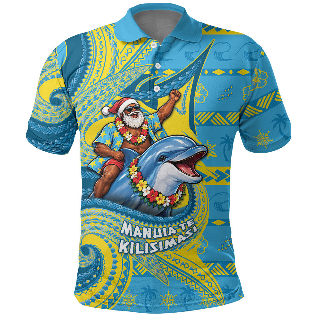 Tuvalu Christmas Polo Shirt Santa Riding Ocean Dolphin DT05 Blue - Polynesian Pride