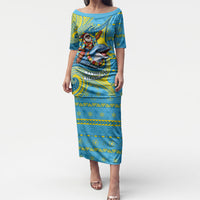 Tuvalu Christmas Puletasi Santa Riding Ocean Dolphin DT05 Long Dress Blue - Polynesian Pride